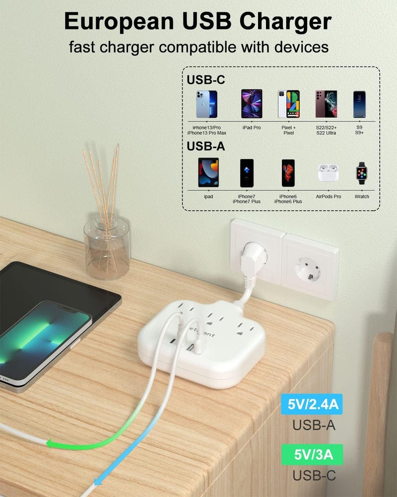 meta-ant European Travel Plug Adapter 3 inch, International Plug Adapter, US to Europe Plug Adapter with 3 Outlets 4 USB Ports(2 USB C), Type E F Power Adapter to EU Germany Spain France Portugal Iceland - Image 3